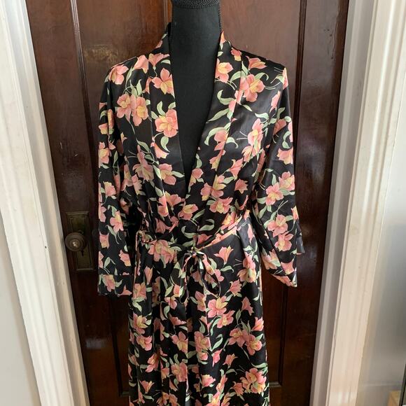 Vintage Dentelle Satin Floral Robe Black Pink Green Loungewear Resortwear SMALL - Picture 14 of 15